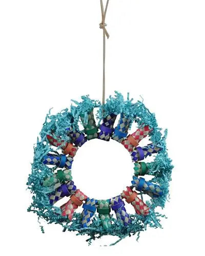 Vibrant Fire Ring toy by Happy Beaks, featuring a 12.5" textured ring stuffed with crinkle paper and birdie bagels for engaging play.