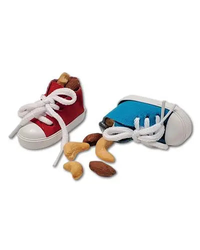 Colorful stuffed sneakers toy for parrots, packed with almonds and cashews, designed for playful beak action.