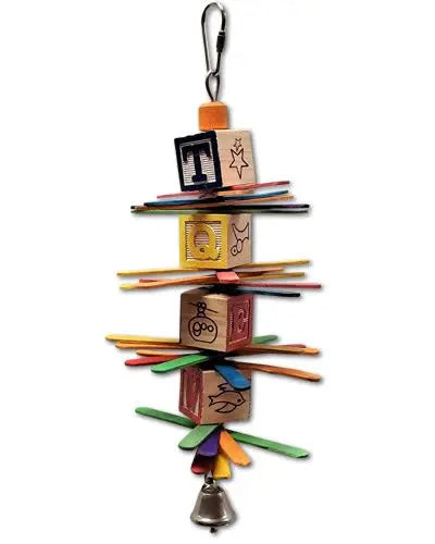Vibrant Spiral Fan Toy for birds, featuring colorful ice sticks, wooden ABC blocks, beads, and a bell for playful chewing.