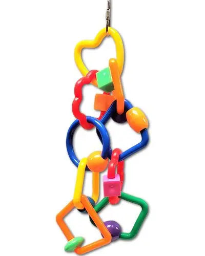 Vibrant, multicolored plastic rings and blocks forming a hanging bird toy, ideal for conures and caiques to play and explore.