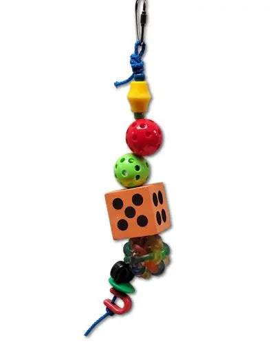 Colorful bird toy with plastic balls, beads, shapes, a wibbly ball, and a foam dice, all strung on a durable poly rope.