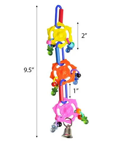 Colorful bird toy with movable plastic rings, acrylic beads, pacifiers, and a small bell, perfect for small parrots.
