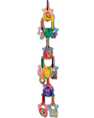 Colorful acrylic rings, stars, and assorted plastic shapes dangle on this engaging Happy Beaks bird toy for hours of fun.