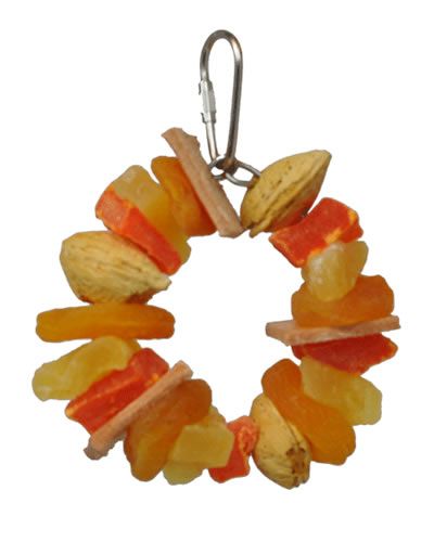 Colorful Happy Beaks Fruit & Leather Ring toy for birds, featuring almonds, papaya, pineapple, apricot, and leather pieces on a 4-inch ring.