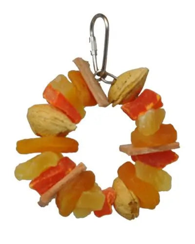 Colorful Happy Beaks Fruit & Leather Ring toy for birds, featuring almonds, papaya, pineapple, apricot, and leather pieces on a 4-inch ring.