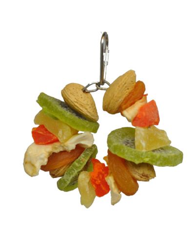 Colorful Fruit & Almond Ring bird toy with vibrant papaya, pineapple, kiwi, and nuts on a 4-inch ring for foraging fun.