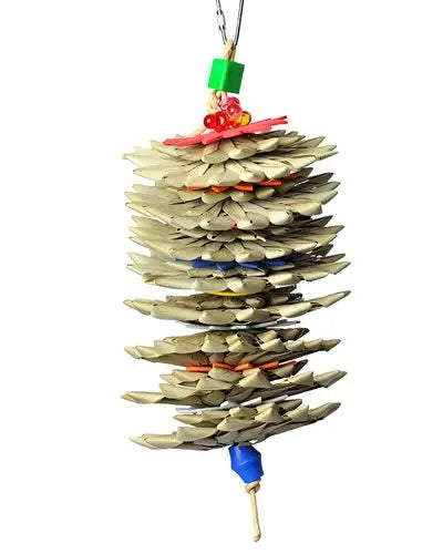 Vibrant woven palm leaves and colorful foam flowers create a playful, shreddable toy for medium and large birds.