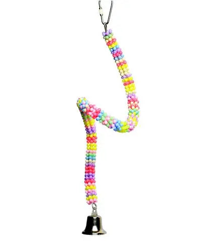 Vibrant Plastic Boing bird toy with colorful star beads on a wire, featuring a small bell at the bottom for playful fun.