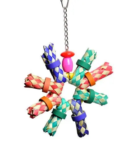 Vibrant Extinguished Ring bird toy with colorful finger traps, bagels, and beads, perfect for cockatiels and similar birds.