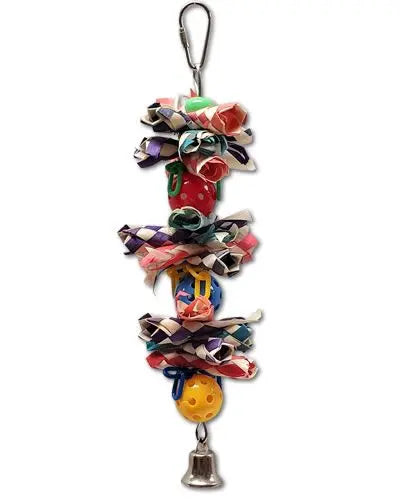 Vibrant bird toy featuring colorful finger traps on a wire with plastic balls, a chain, and a jingly bell for playful shredding.