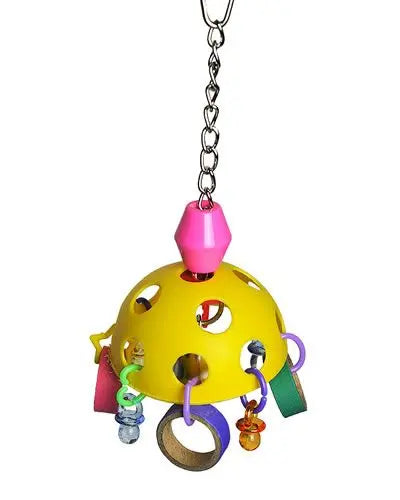 Colorful Dome Delight bird toy with bagels, acrylic pacifiers, and a bell, hanging on a sturdy chain for small birds.