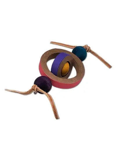 Vibrant Orbital Foot Toy for birds with colorful beads, wood slats, birdie bagels, and knotted leather for engaging play.