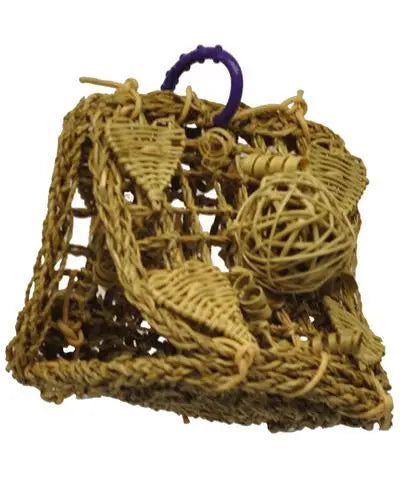 Cozy seagrass hut for birds, woven with poly rope, wicker balls, and stars, hanging from a plastic ring for playful swings.