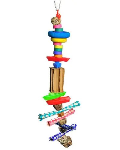 Colorful Rainbow Boats bird toy with shreddable bamboo traps, plastic boats, bagels, a foraging cube, and wood wheels.