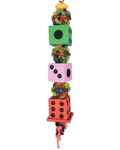 Colorful Tumbling Dice Bird Toy with plastic beads, fun shapes, wibbly balls, and a foam die on a sturdy poly rope.