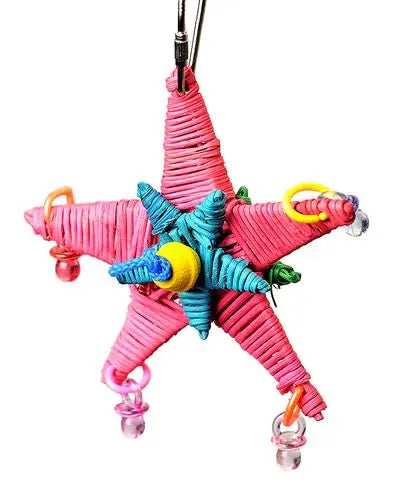Colorful Vine Star bird toy with wooden beads, acrylic pacifiers, and woven vine stars, hanging on sturdy poly rope.