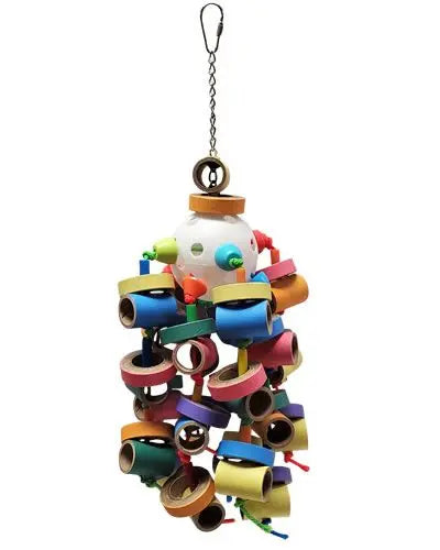 Colorful Kraken bird toy with birdie bagels, straws, and buttons on polly rope, perfect for engaging active chewers.