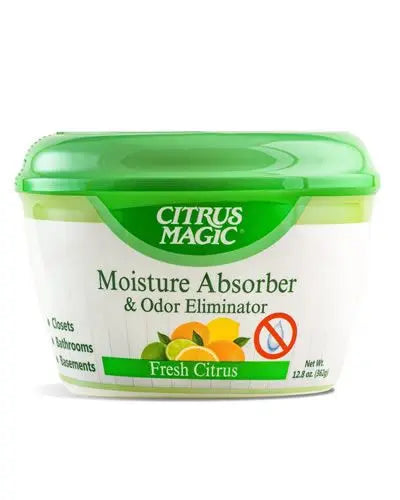 Citrus Magic Moisture Absorber and Odor Eliminator in a compact container, designed to freshen air and combat humidity.