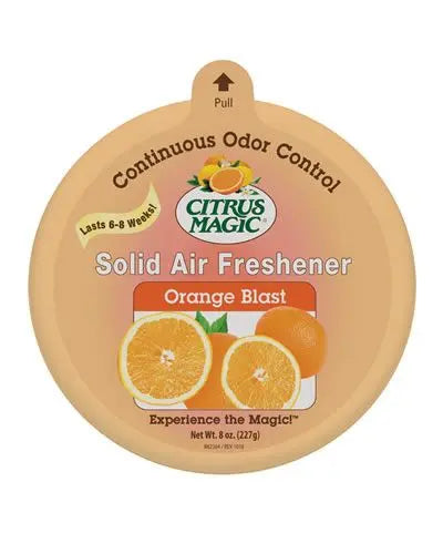 Vibrant 8oz Orange Blast Solid Air Freshener in bright packaging, promising a burst of citrus freshness for any space.