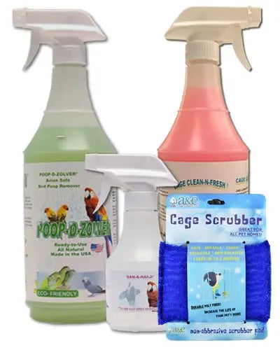 Discover the A&E Cleaner Bundle by A&E Cage Company, featuring bottles of Poop-D-Zolver, Clean-N-Fresh, San-A-Hand, and a cage scrub for spotless bird cages.