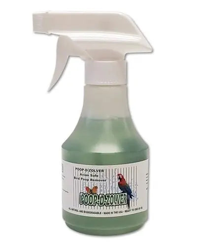 Bottle of Poop-D-Zolver 8oz by A&E Cage Company, a natural bird poop remover with enzyme-based cleaning power.