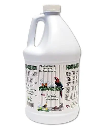 Gallon jug of Poop-D-Zolver by A&E Cage Company, a natural bird poop remover with enzyme-based cleaning power.