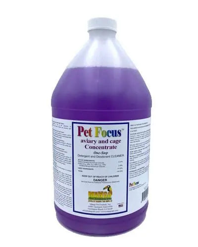 One gallon jug of Pet Focus Concentrate, a powerful aviary and cage cleaner, designed to break down bird mess effortlessly.