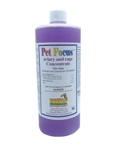 Vibrant 32oz bottle of Pet Focus Concentrate Refill, a powerful aviary and cage cleaner for a healthy pet environment.