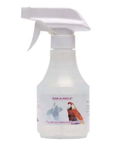 Close-up of an 8oz bottle of San-A-Hand sanitizer by A&E Cage Company, designed to protect birds before handling.