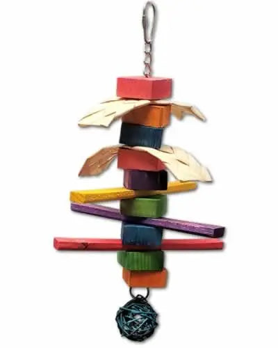 Vibrant Jungle Palm bird toy with colorful wood blocks, shreddable palm, and a large vine ring on a sturdy chain.