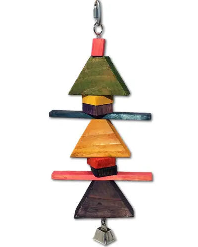 Vibrant Hippo Jungle Toy for birds, featuring colorful wood blocks and a dangling bell on a sturdy chain for playful fun.