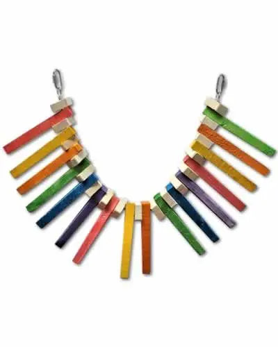 Vibrant Super Tiger Tail bird toy with colorful wooden triangles dangling from a sturdy chain, perfect for medium birds.