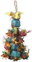 Vibrant Lg Bird Tower by Planet Pleasures, featuring woven balls, colorful shapes, and chewable 4-inch strands for large birds.