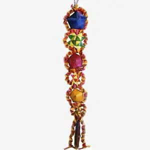 Vibrant Lg Fiesta-Planet Pleasures bird toy with colorful star-centered circles and folded foraging packages for large birds.