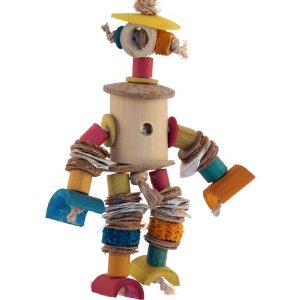 Colorful bamboo man parrot toy with coco slices, cuttlefish chunks, and natural fibers, perfect for small birds to explore.