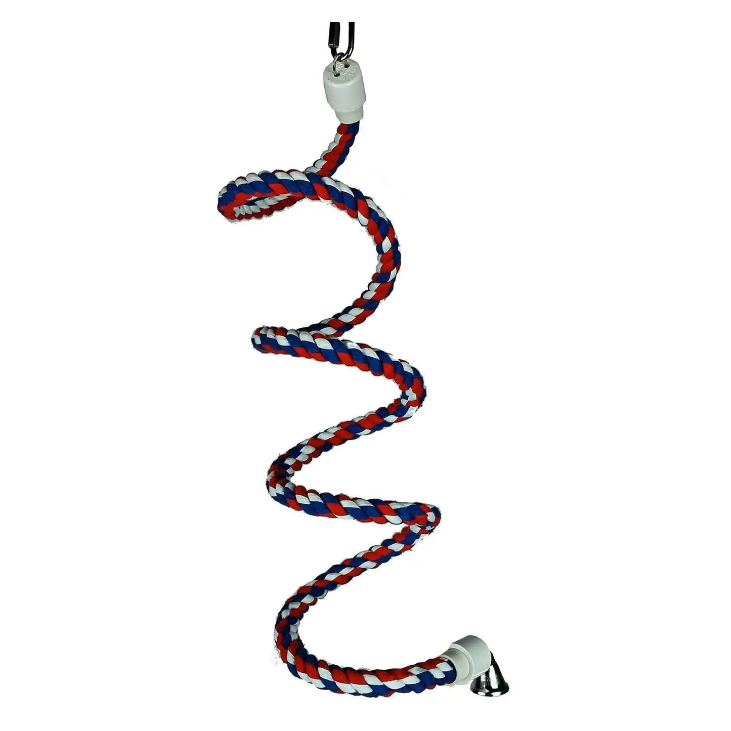 Colorful small cotton rope boing for birds, featuring a liberty bell at the bottom and designed for playful exercise.