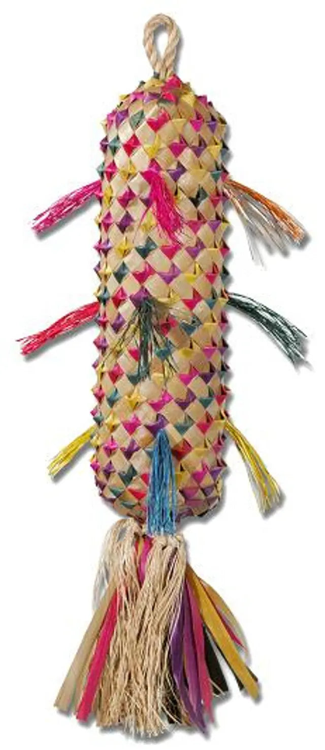 Vibrant Lg Spiked Pinata by Planet Pleasures, a chewable bird toy with a woven palm leaf exterior and natural fibers inside.
