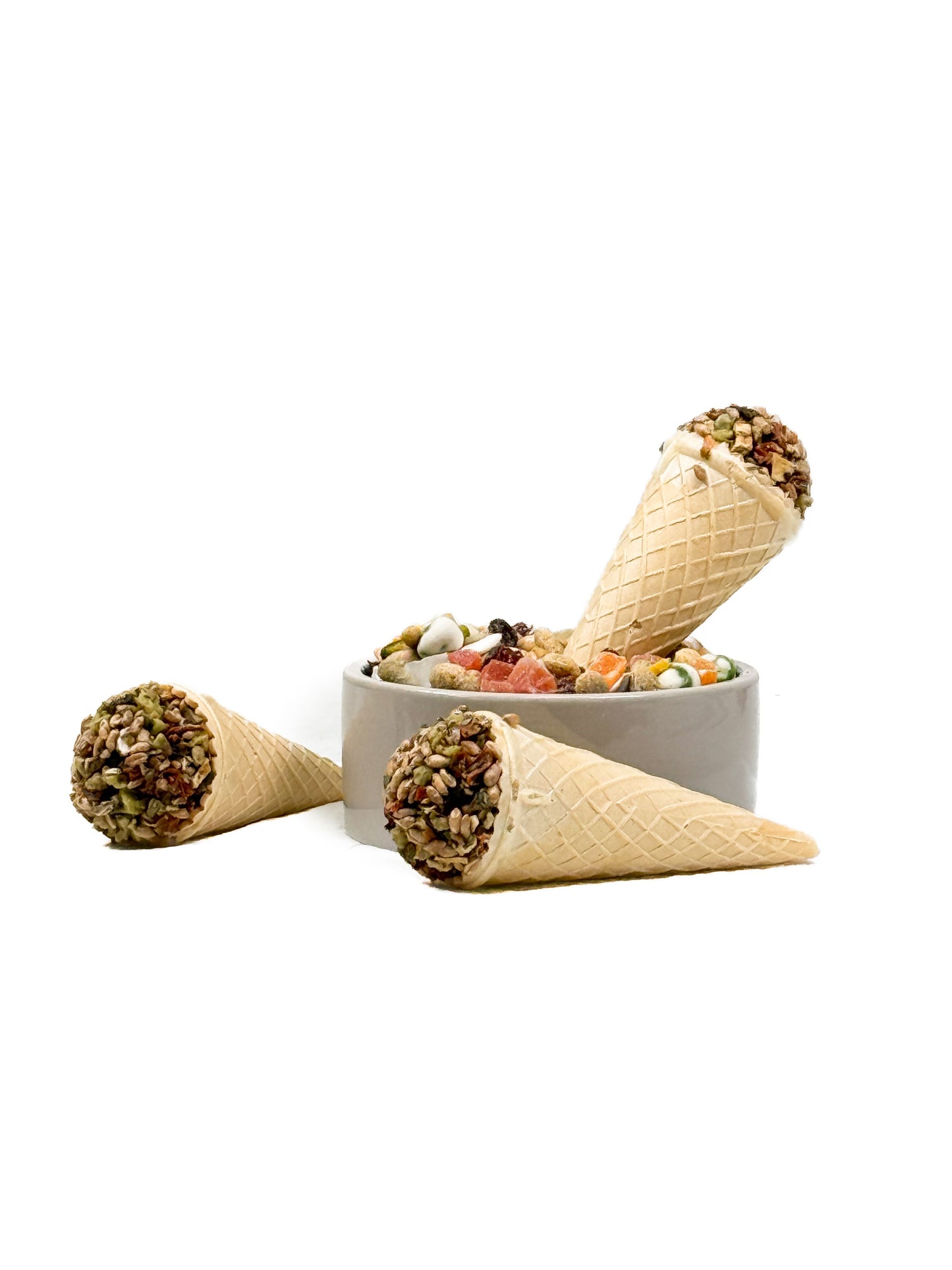 Crunchy Parrot Cone Treat packed with colorful dried veggies like carrots and broccoli, a tasty snack for your bird.