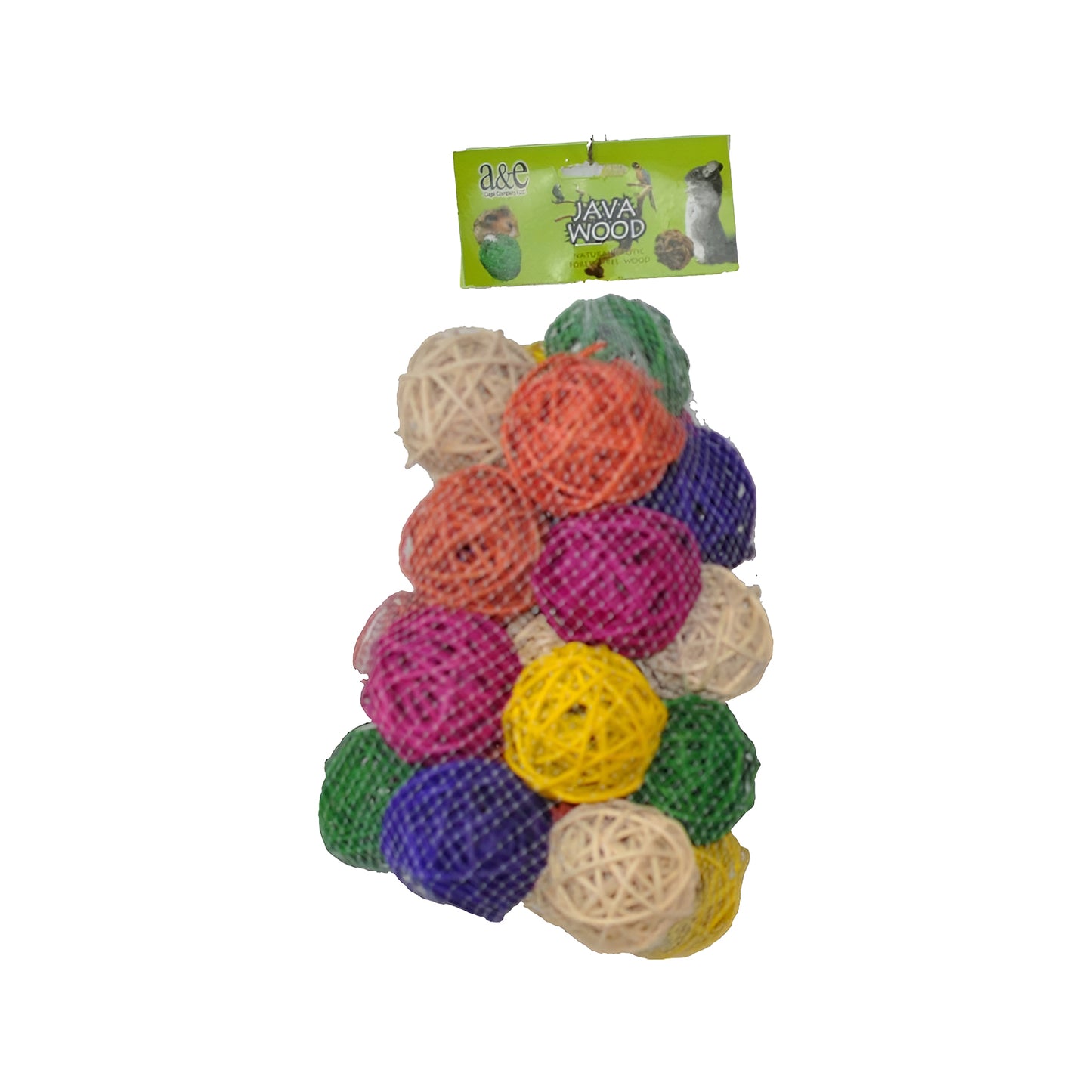 Vibrant, multi-colored 2.5-inch wicker balls bundled in a net hive, perfect as engaging foot toys for medium to large birds.