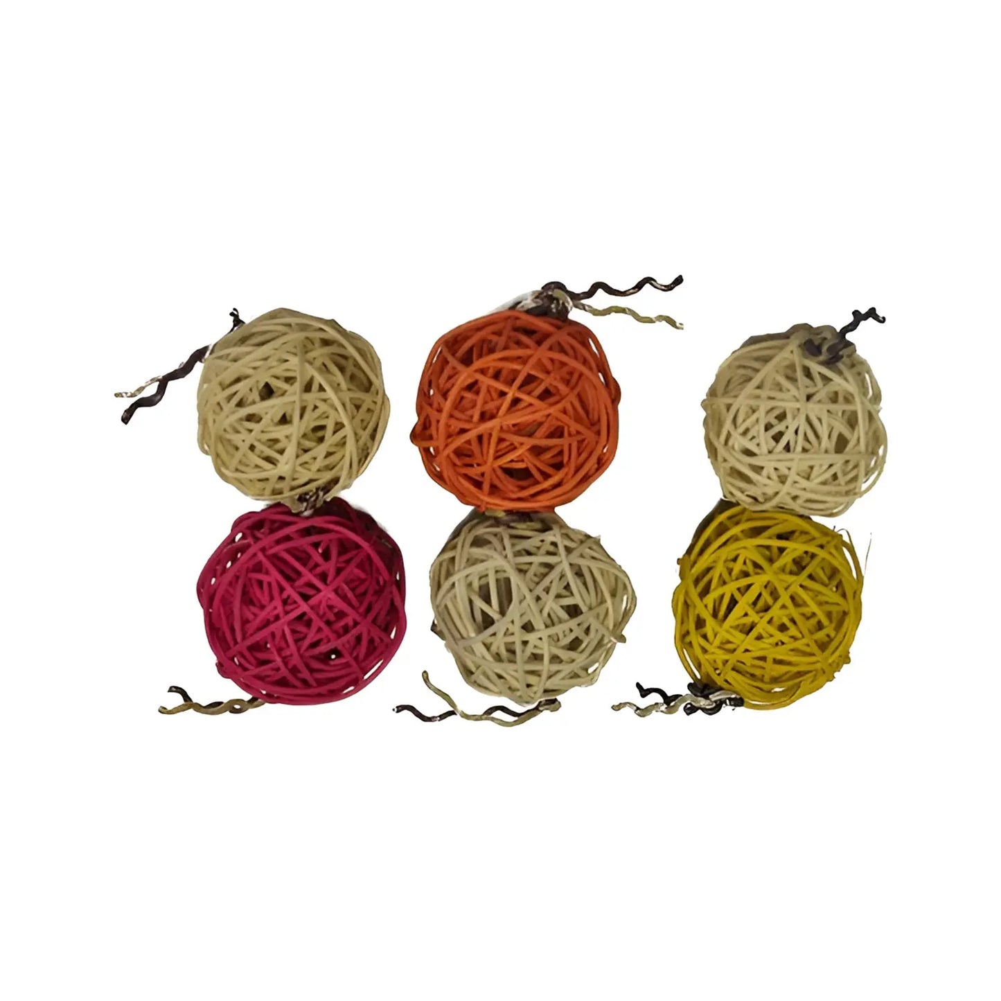 Vibrant multi-colored wicker balls strung on a knotted fiber rope, perfect for large birds to forage and play with treats.