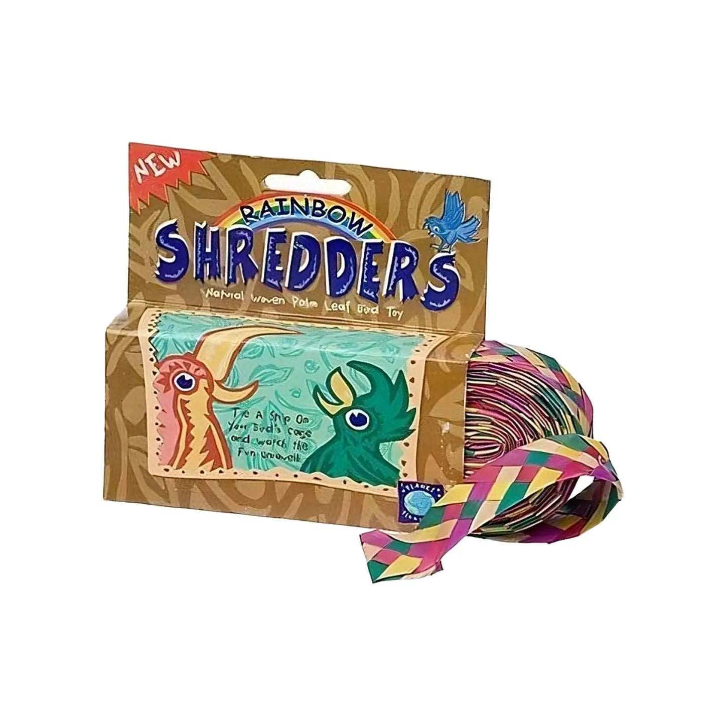 Colorful woven palm leaf roll in a vibrant rainbow design, ideal as a shreddable bird toy for endless cage fun.