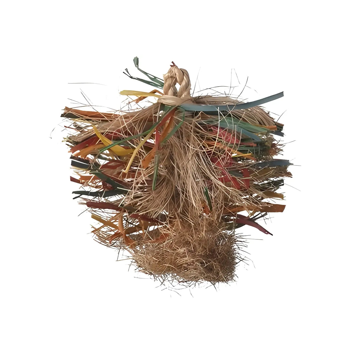 Colorful Med Preener-Aronico bird toy with fibrous textures for preening, chewing, and foraging fun, sized 7x7 inches.