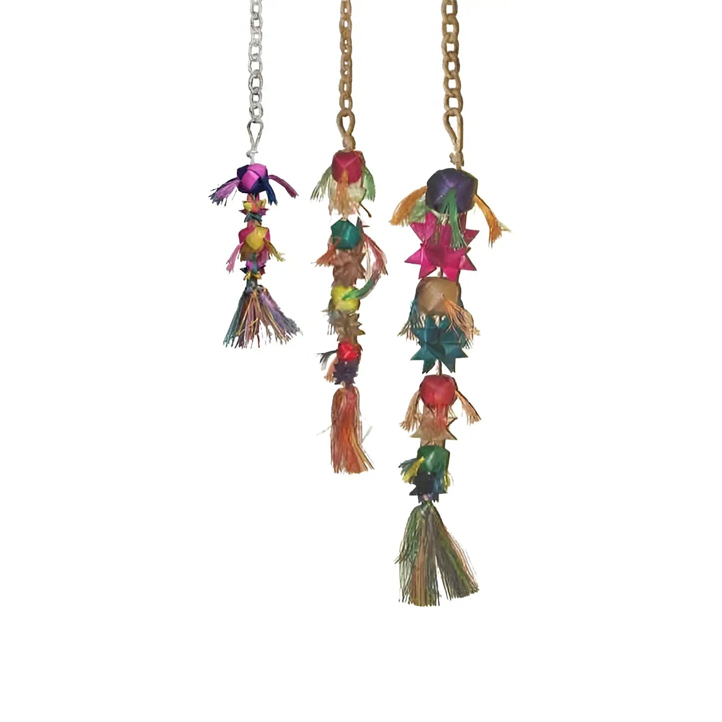 Vibrant Mini Ball and Stars toy from Planet Pleasures, crafted from palm leaf with colorful, shreddable textures for birds.