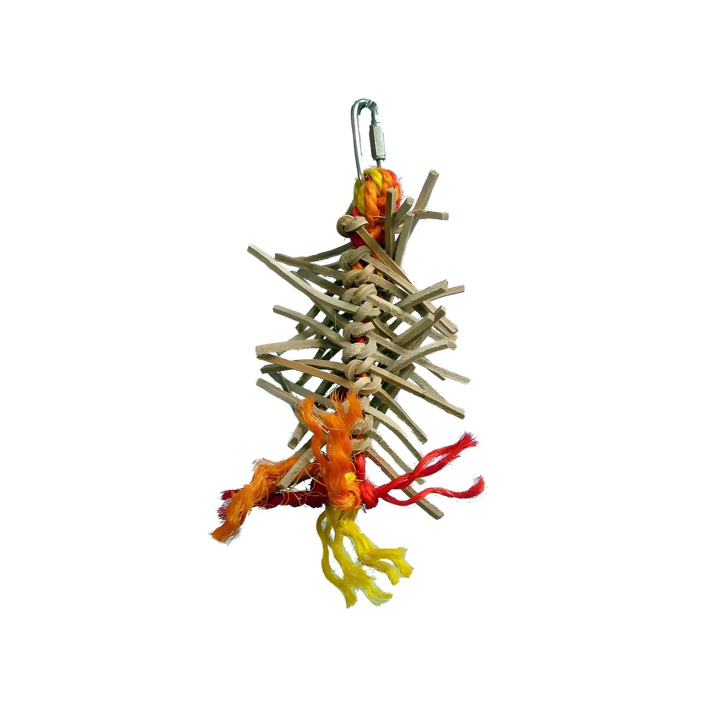 Vibrant XS Puncho-Zoo Max bird toy with colorful sisal rope and knotted leather strips, perfect for small birds to chew and preen.