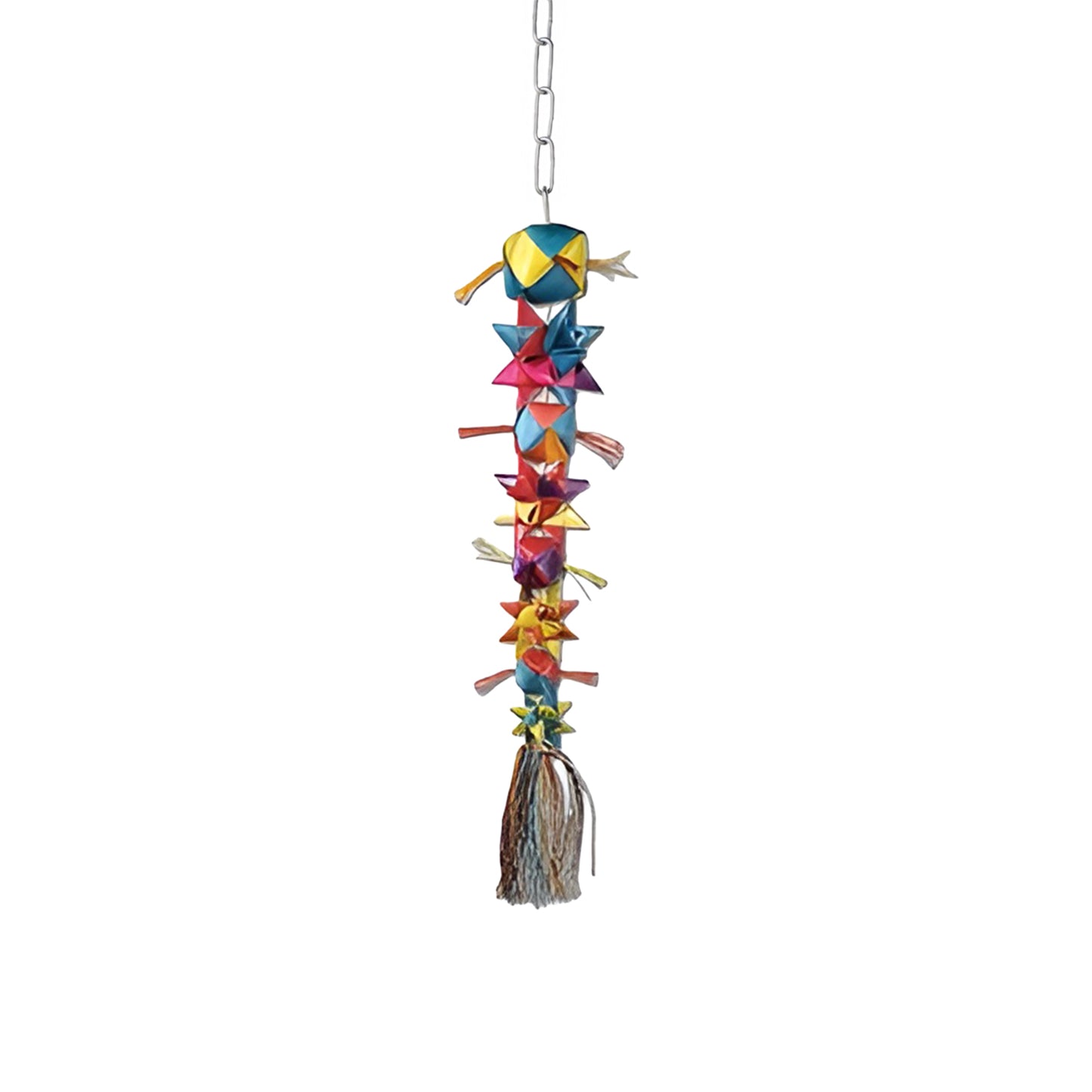 Vibrant Sm Ball and Stars toy crafted from palm leaf, featuring colorful shreddable textures, perfect for small birds.