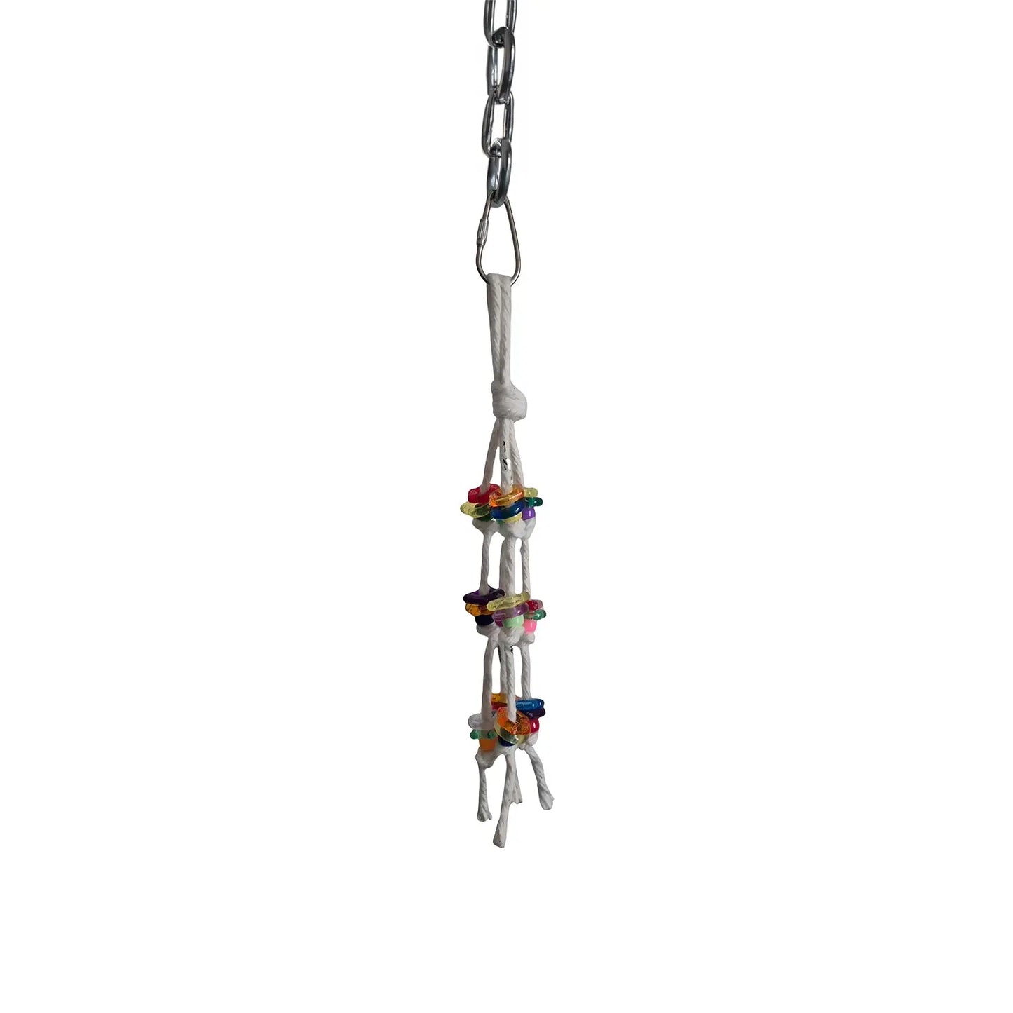 Vibrant Cotton Chew bird toy with colorful plastic beads on a safe rope, perfect for small birds to play and chew.