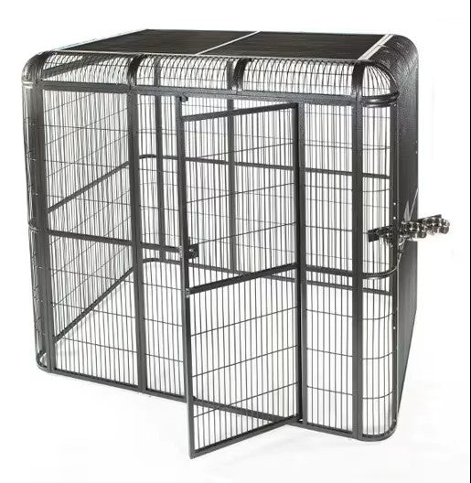 Spacious 85"x61" black walk-in aviary by A&E Cage Co., featuring a sturdy powder-coated finish and secure key lock door.
