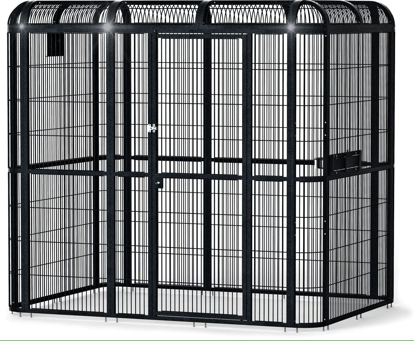 Spacious 85"x61" black walk-in aviary by A&E Cage Co. with a secure key-lock door and stainless steel bowls for birds.