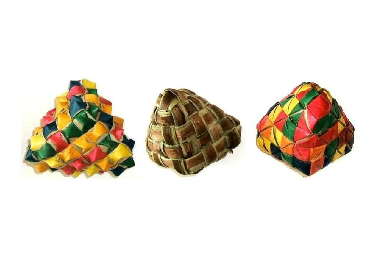 Colorful woven diamond foot toys in a pack of three, designed for large birds to grasp and play with interactively.