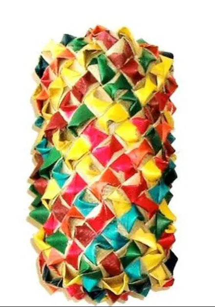Colorful woven cylinder foot toy for large birds, featuring a textured design perfect for pecking and playing.